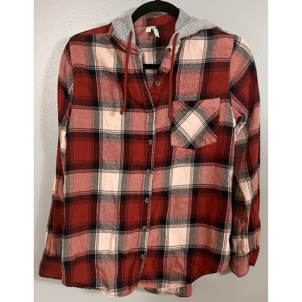 Women's MUDD red Multi Plaid Button-Down Hooded Shirt- Size‎ Medium Y2K Flannel